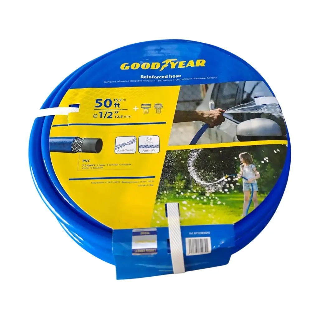 MANGUERA REFORZADA 3 CAPAS 1/2" 15.2 MTS C/CONEX DE BRONCE GOODYEAR